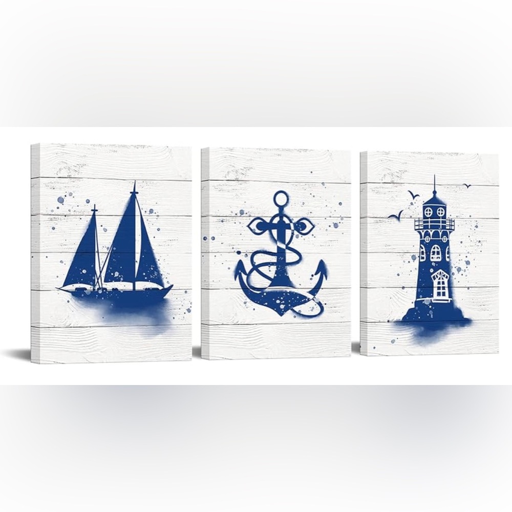 Wall Art Blue Anchor Sailboat Lighthouse Canvas Navy Ocean Theme